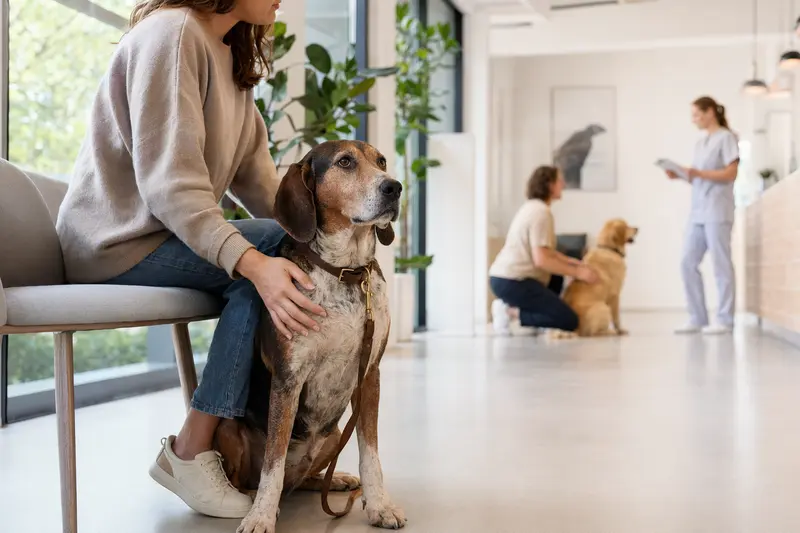 Ein Deutsche Bracke Hund sitzt ruhig neben seinem Besitzer im hellen Wartezimmer einer modernen Tierarztpraxis.